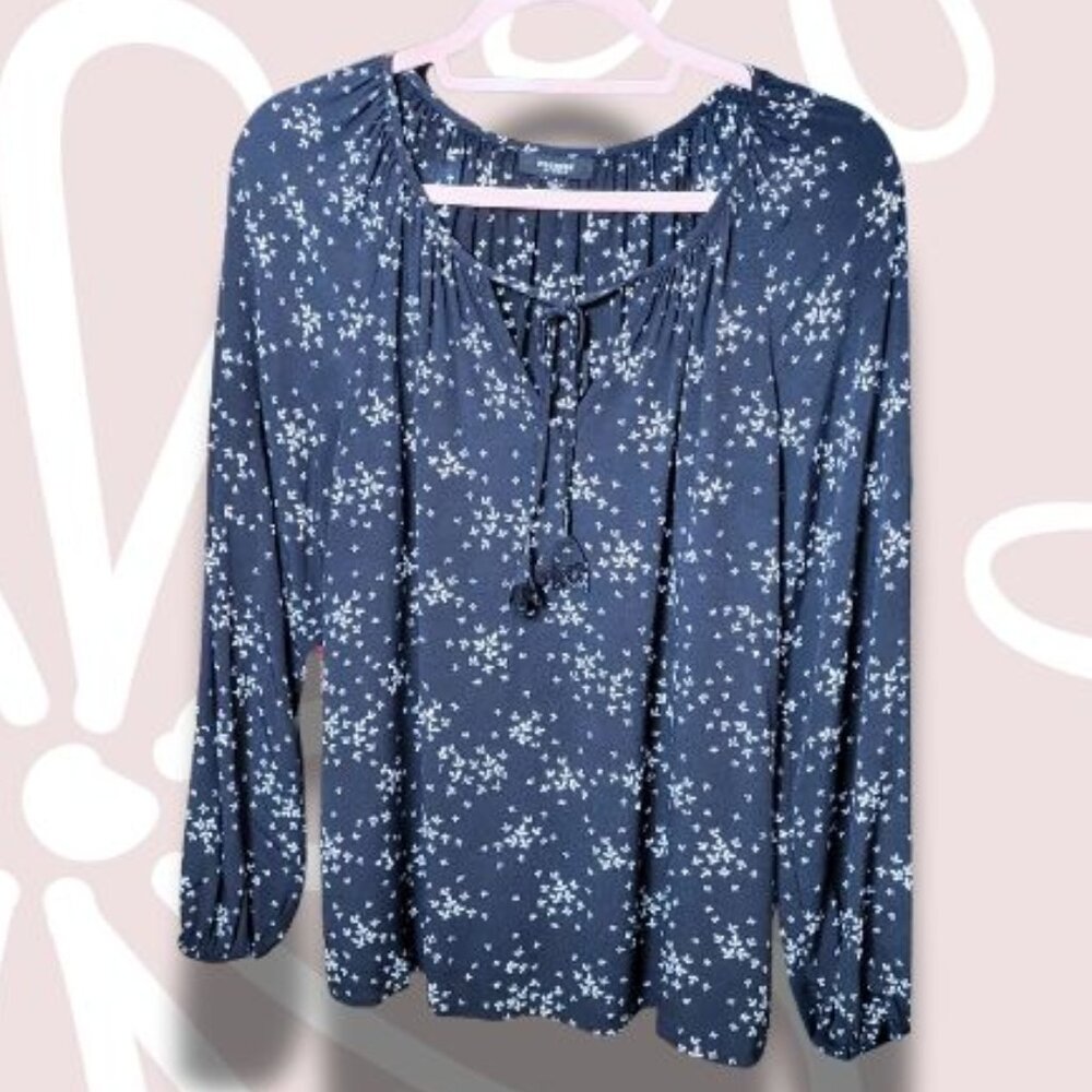 9.$3-S-PREMISE STUDIO Viscose Peasant Blouse Black/White Cute Tassel Tie at Neck